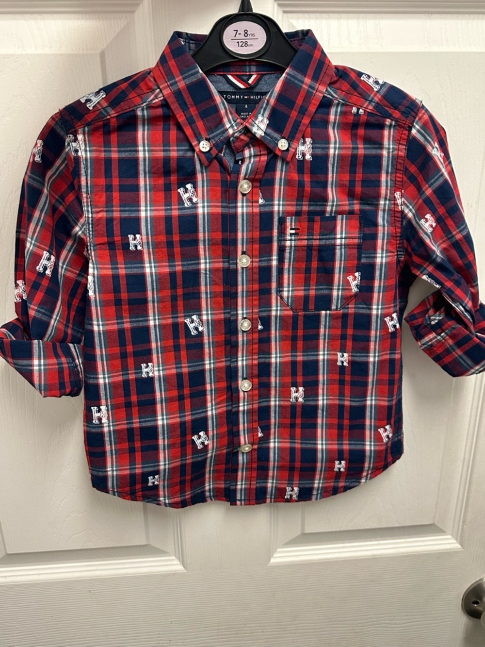 Tommy Hilfiger Red and Navy Plaid Button-Down Shirt